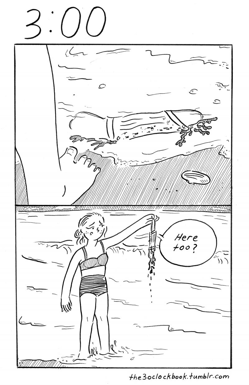 Two panel comic. Top panel shows a bare foot at the beach with a medical mask in front of the foot, washing up on the beach. Bottom panel shows girl in swim suit holding up the mask saying "Here too?"