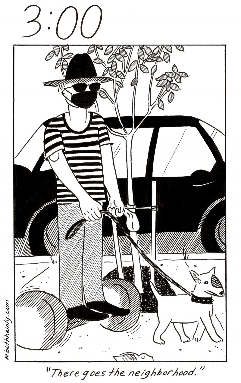 Black and white comic, one panel. Man in mask, hat, sunglasses, stands on hoverboard holding a leash to a small dog in one hand and a baggie of dog poop in the other. Picture has black car in background and an immature tree planting. Caption reads: There goes the neighborhood."