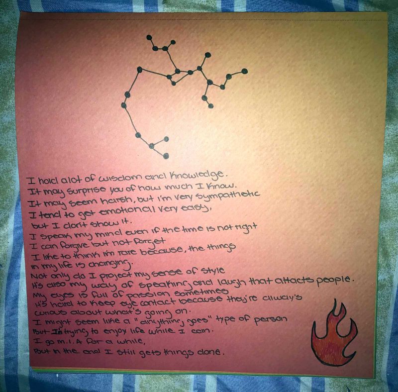 A red to yellow gradient on a piece of paper with a drawing of a constellation, a small fire, and Jahira's poem written on it.