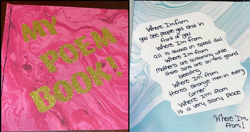 On the left, the cover of Ashanti's book which is pink and says "MY POEM BOOK!" in golden glitter letters. On the right, a blue background with Ashanti's poem written on it.