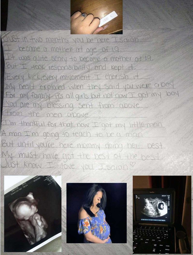 Photo of Jasmine's poem surrounded by photos of ultrasounds and Jasmine pregnant with their child. 