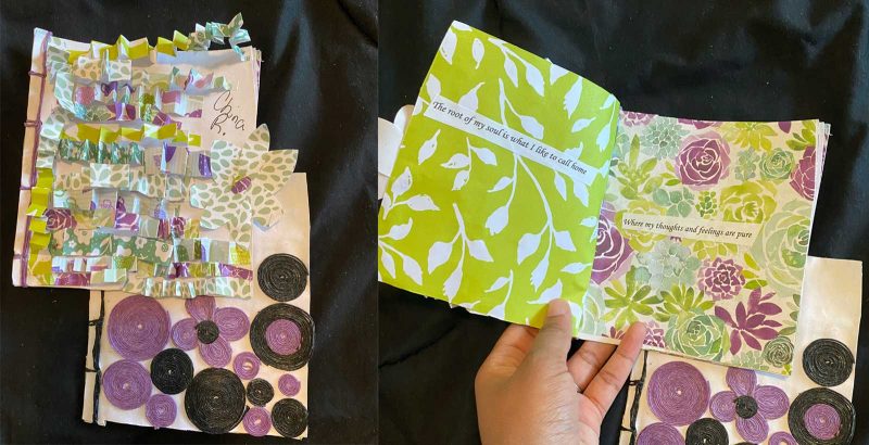 China's floral patterned pottery book shown open with more pages sitting beside it in the background.