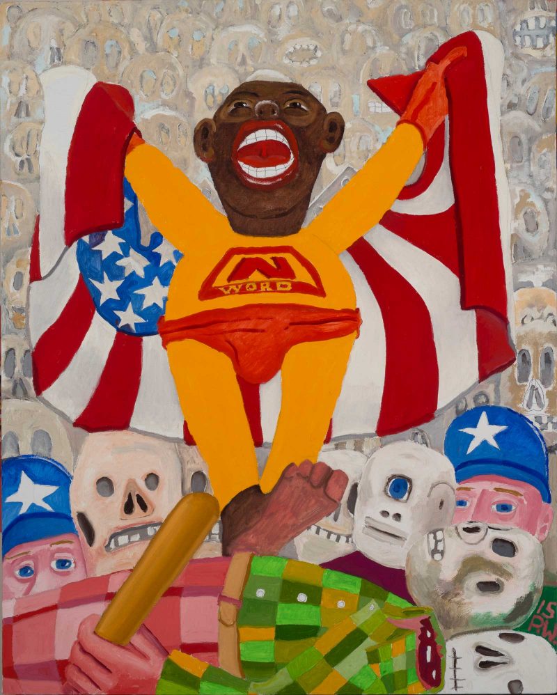 Painting of a black man who is yelling, wearing a yellow superhero costume that says "N Word". The cape is an american flag. The man stands on top of skulls above two white police officers.