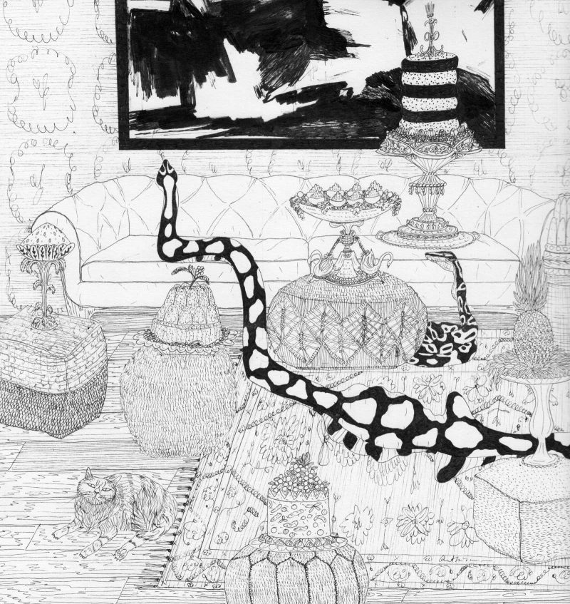 Ink drawing of a snake slithering across a large ornate room with a big painting on the wall.