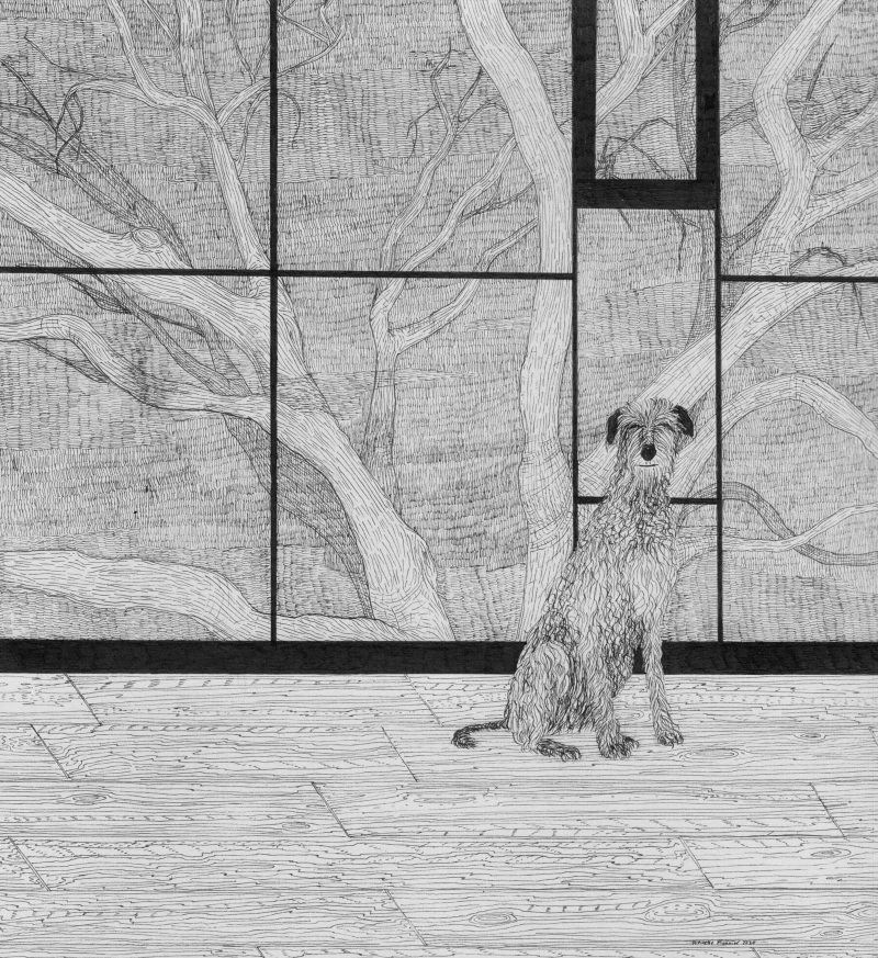 Ink drawing of a dog sitting in front of large windows with trees behind them.