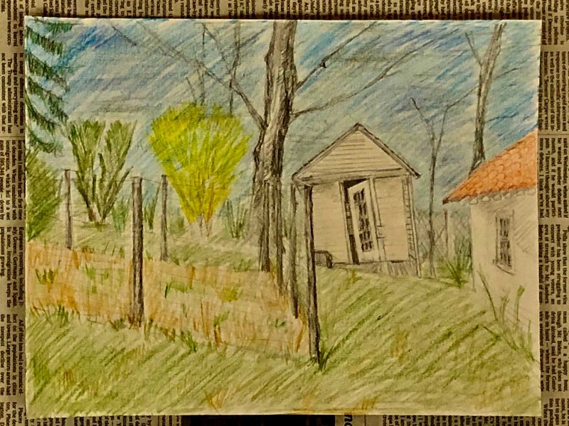 Drawing of a garden with a small slanted shack in the background