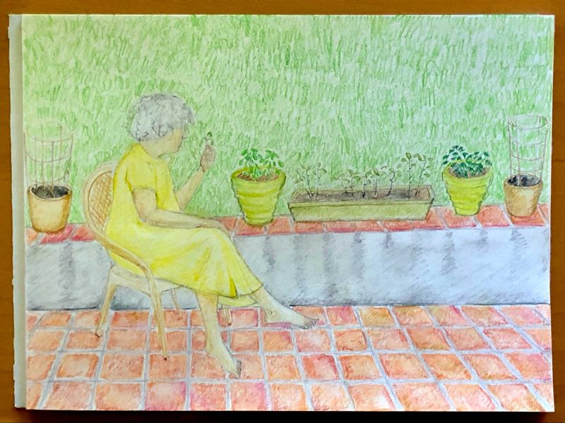 Drawing of a woman in a yellow dress sitting on a patio near some plants on a table