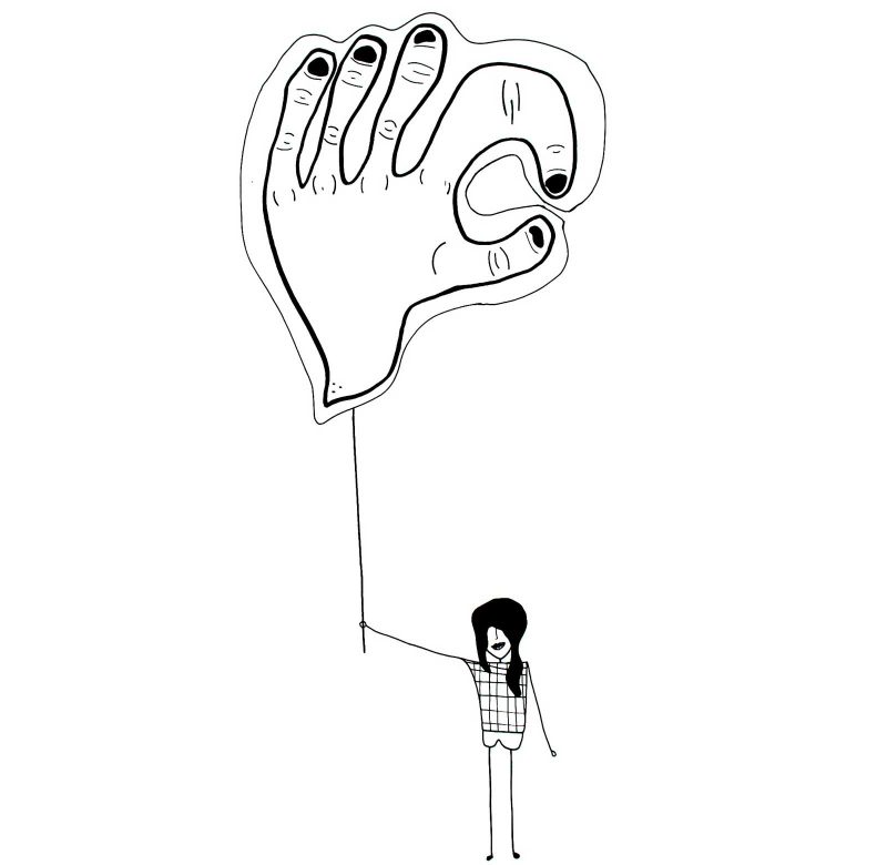 Drawing of a small figure with long hair holding a post with a large drawing of a hand making an "ok" symbol