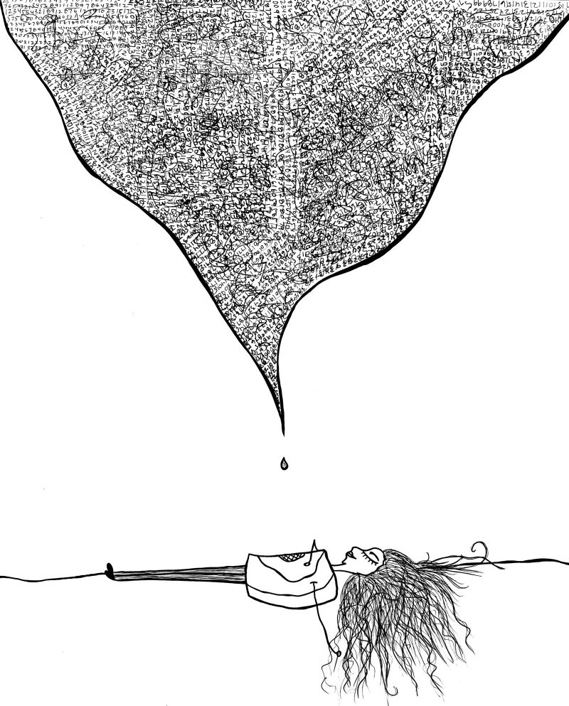 Drawing of a figure with long hair laying on the ground with a large tornado shaped mass floating above them