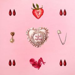Pink background with a pushpin heart in the center, with a strawberry, droplets of blood, a safety pin, and a curled up baby drawn in red to resemble a heart.