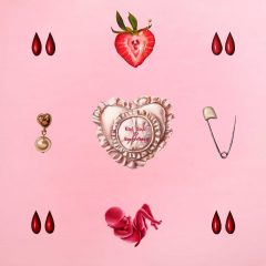 Artists in the time of Coronavirus, an ongoing virtual exhibition, Part 55 1 Pink background with a pushpin heart in the center, with a strawberry, droplets of blood, a safety pin, and a curled up baby drawn in red to resemble a heart.