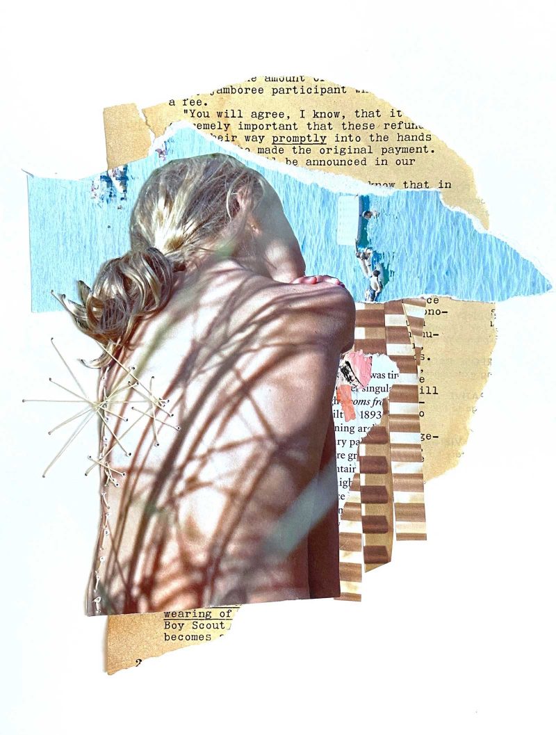 A woman's bare back with the shadows of branches on it, cut out and pasted on top of a blue scrap and a page of text.