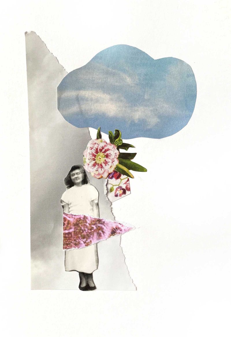 Collage of a figure of a young woman, some flowers, a cartoonish cloud, and a steep slant.