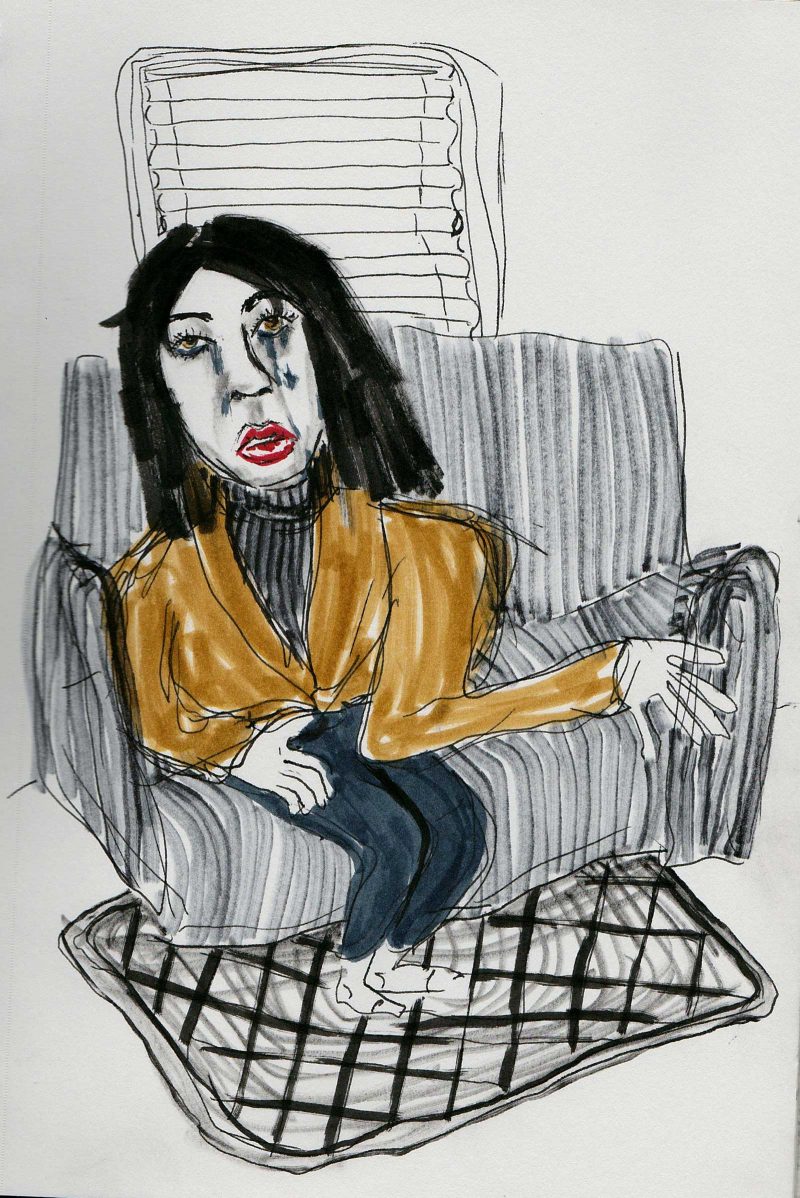 Drawing of a figure with an enlarged head sitting on a gray couch that has been drawn with exaggerated perspective. There is a patterned rug beneath them. The figure looks distressed and their gaze is directed at the viewer.
