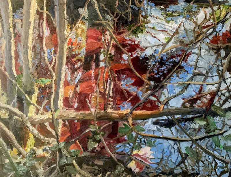 Landscape painting of a branch in front of a red reflection in shallow water