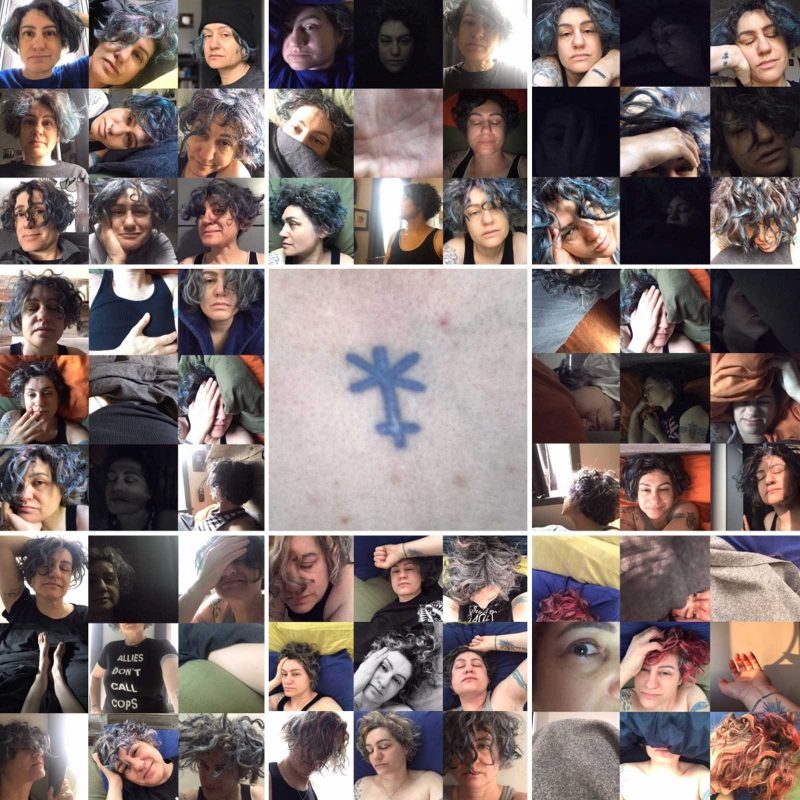 Photo collage of selfies of Juno in a square tile surrounding one larger image of a faded tattoo