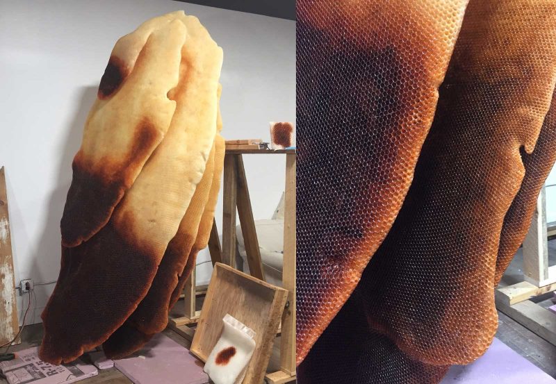 Photo collage, on the left, a full-sized picture of an organically shaped sculpture; on the right, a detail of the shimmering material.