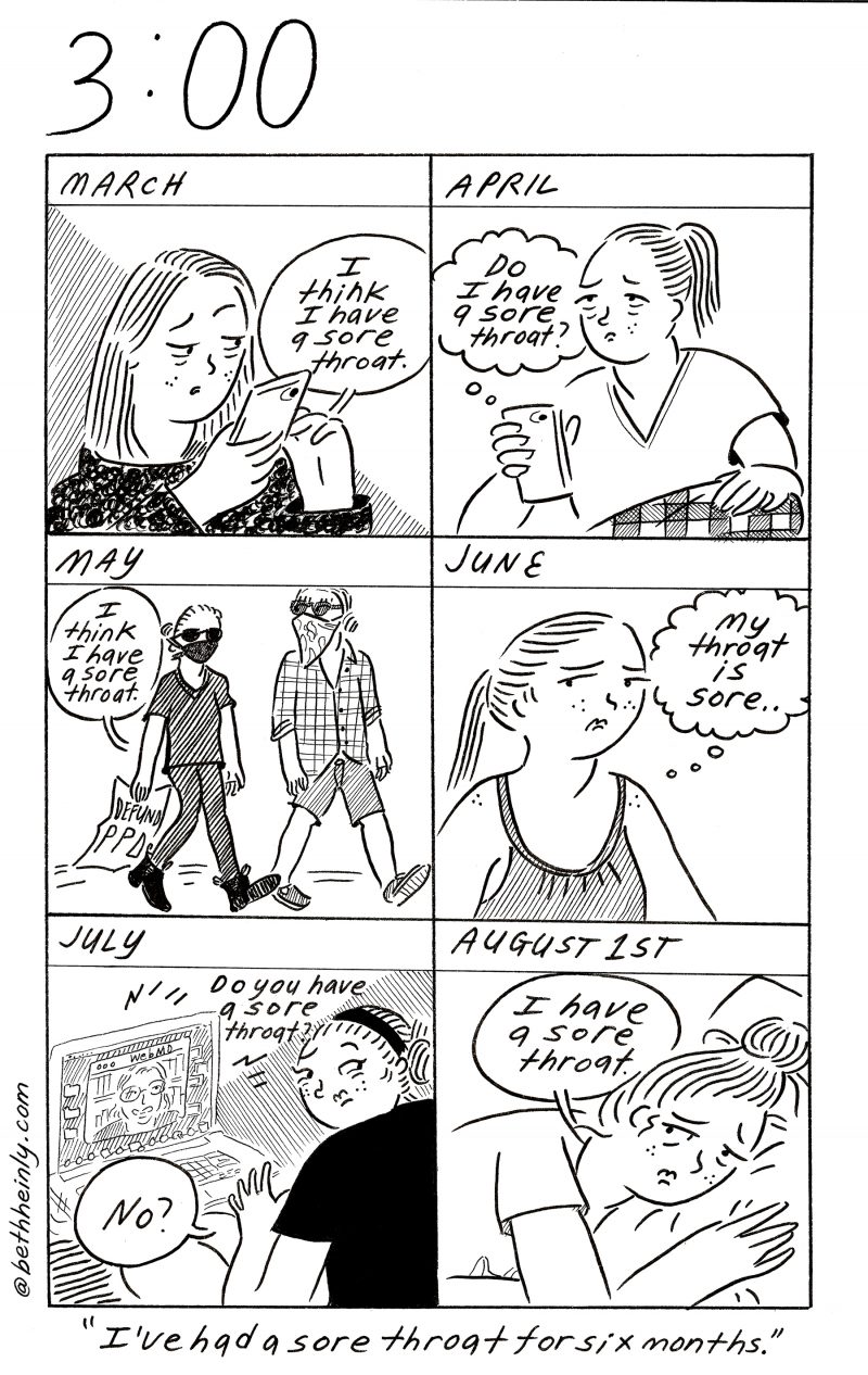 Six-panel, black and white comic. Panels labeled by months from March to August, and in each panel, a worried looking woman says she has a sore throat, thinks she has a sore throat. Caption at bottom of the comic reads "I've had a sore throat for 6 months."
