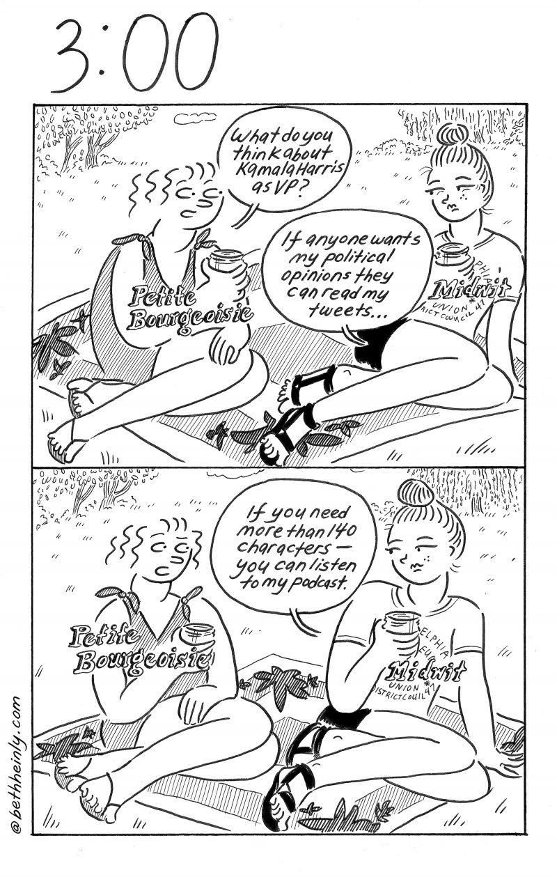 Two panel comic. In the top panel, two women sit on picnic blanket in park drinking beverages. One woman, labeled “Petite Bourgeoisie” says” What do you think about Kamala Harris as VP?” The other, labeled “Midwit” says “If anyone wants my political opinions they can read my tweets…” In the bottom panel, woman labeled “Petite Bourgeoisie” looks surprised and woman labeled “Midwit” says “If you need more than 140 characters — you can listen to my podcast.”