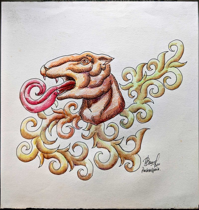 Watercolor of a lion viewed from the side with a long tongue and fire-lick designs coming out from behind.