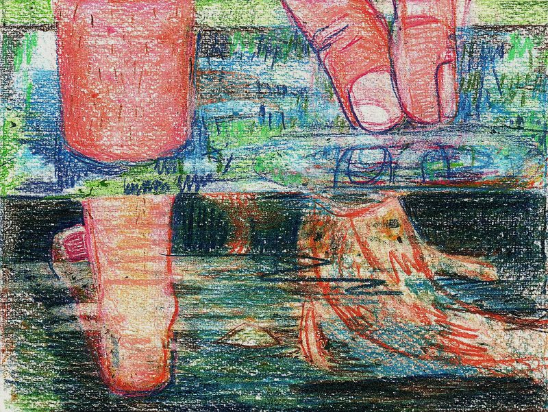 Pastel drawing of a leg and foot, the foot submerged under water, and a forefinger and thumb pinching into the water to pick up a fish