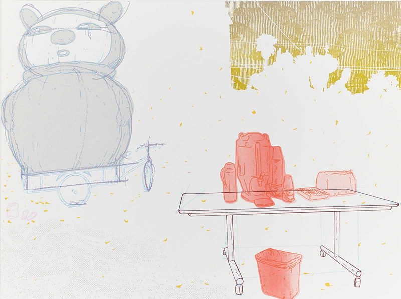 Screen print of a stuffed animal perched on a limb, a folding table with food on it, a trashcan, or a golden portion of sky