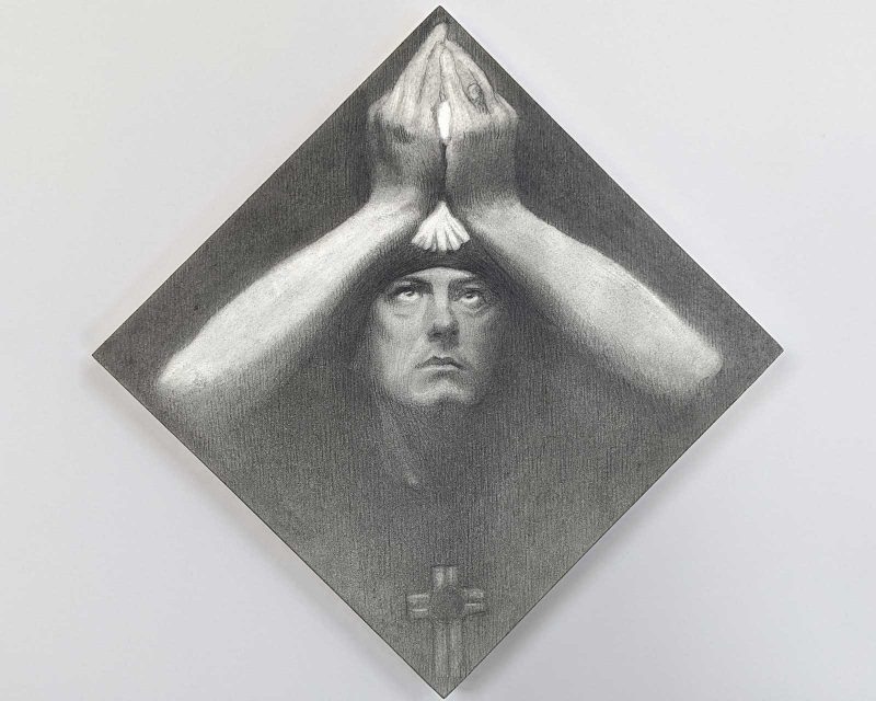 Drawing of a man holding his hands together above him and looking at them, wearing a cross on his chest and a head piece.