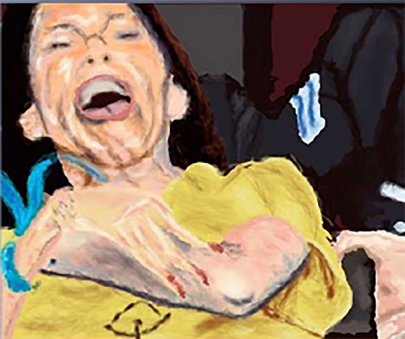 Digital drawing of a person screaming as a partially visible uniformed figure puts their hands on them.