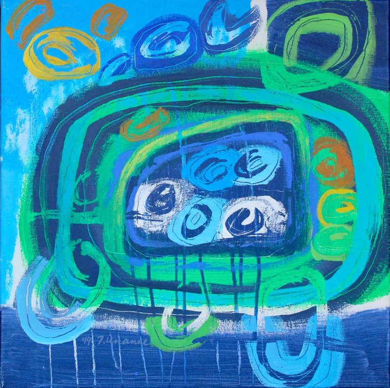 Abstract painting of rounded rectangular shapes and ovals in different cool colors