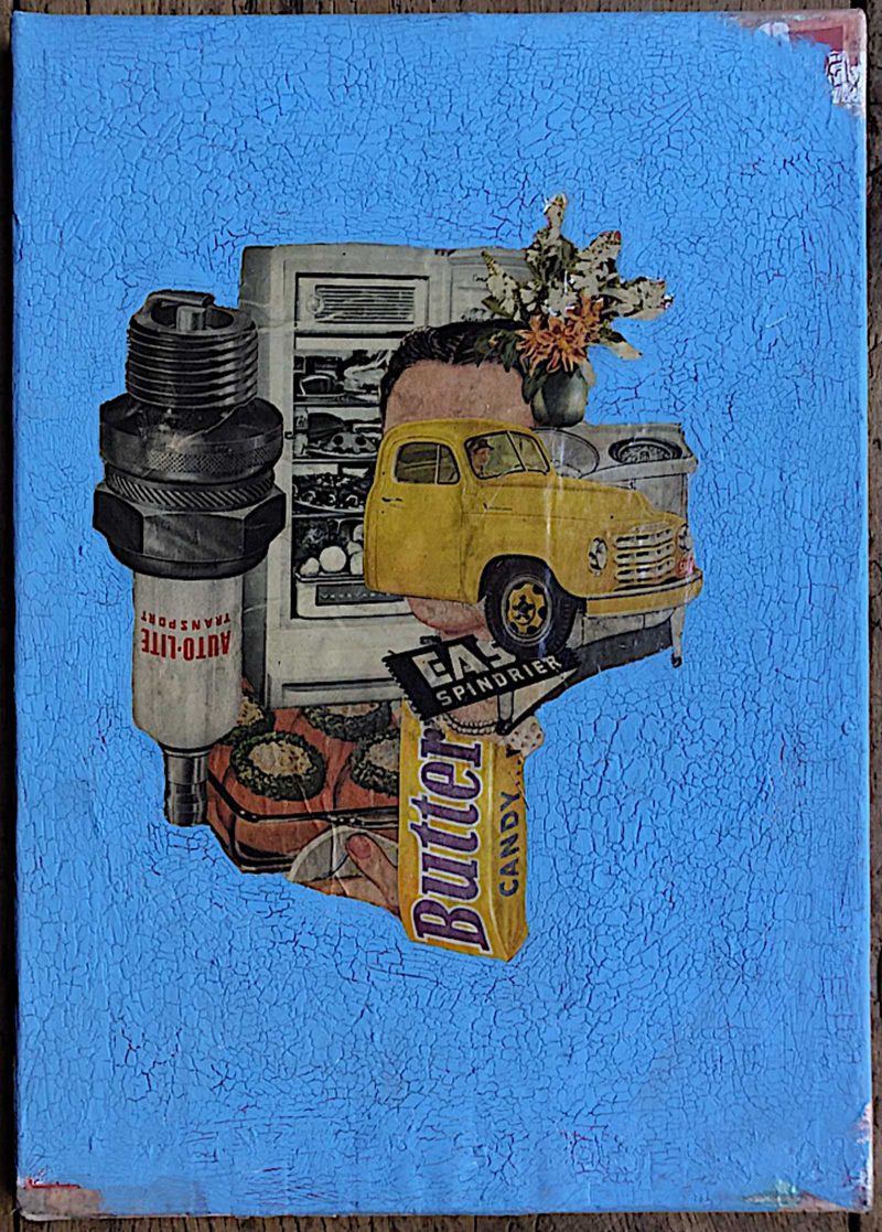 Painting of a blue background with collaged imagery of a butter finger, a yellow car, flowers, machine parts, and a refrigerator