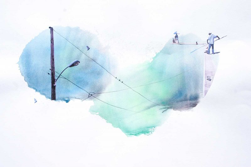 Watercolor of a sky with a telephone pole collaged next to a pool being cleaned by a man