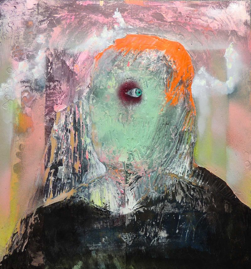Abstract painting of an ethereal figure with blue-green skin on a pastel background. The figure has a red eye and orange hair.