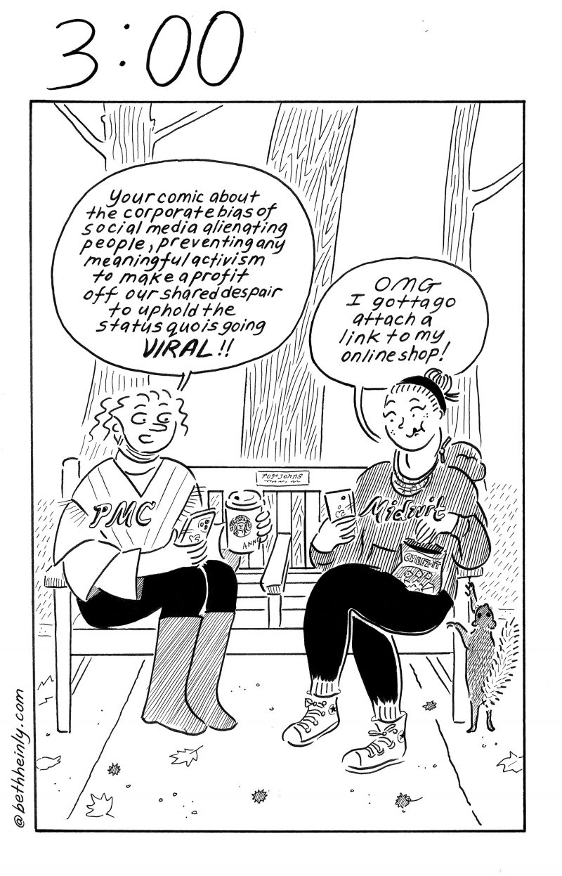 One panel comic with two women sitting on a park bench talking and eating snacks.  A squirrel reaches up for the snacks. First woman, labelled "PMC" (Professional Management Class) says "Your comic about the corporate bias of social media alienating people, preventing any meaningful activism to make a profit off our shared despair to uphold the status quo is going VIRAL!!" Second woman, labelled "Midwit" (slightly above average i.q.) says "OMG I gotta go attach a link to my online shop!"