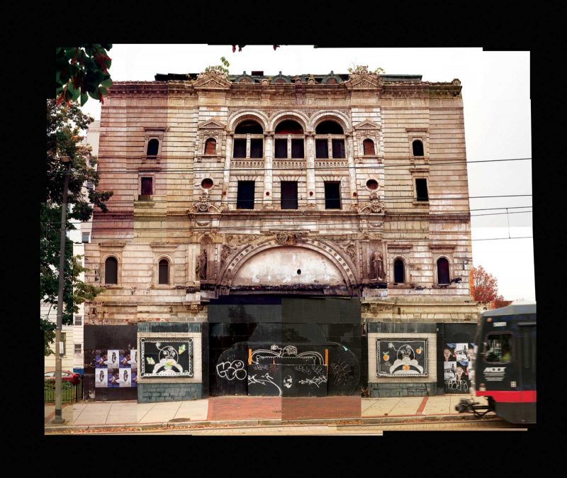 Photo collage of many pieces of pictures of the Mayfair Theatre in Baltimore making up a whole picture of the theatre.