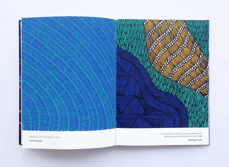 Two page spread of patterned drawings in book "Origin of Art"