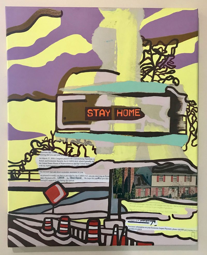 Collaged painting of an LED sign that says "Stay Home" on a street in front of a dreamy sky.