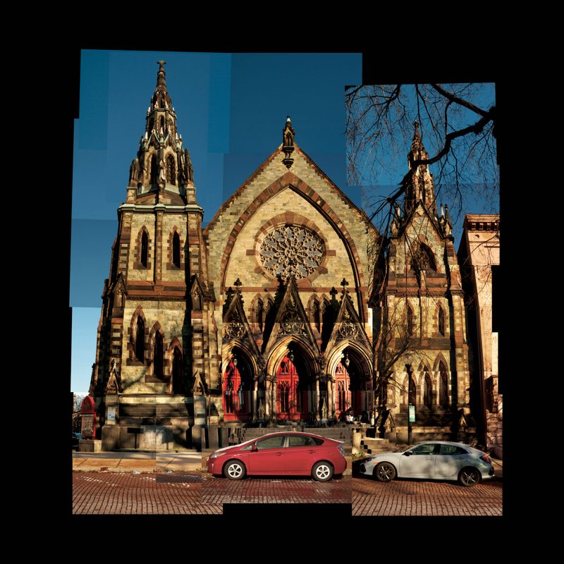 Photo collage of United Methodist Church in Baltimore, Maryland with cards parked outiside of the church on the street.