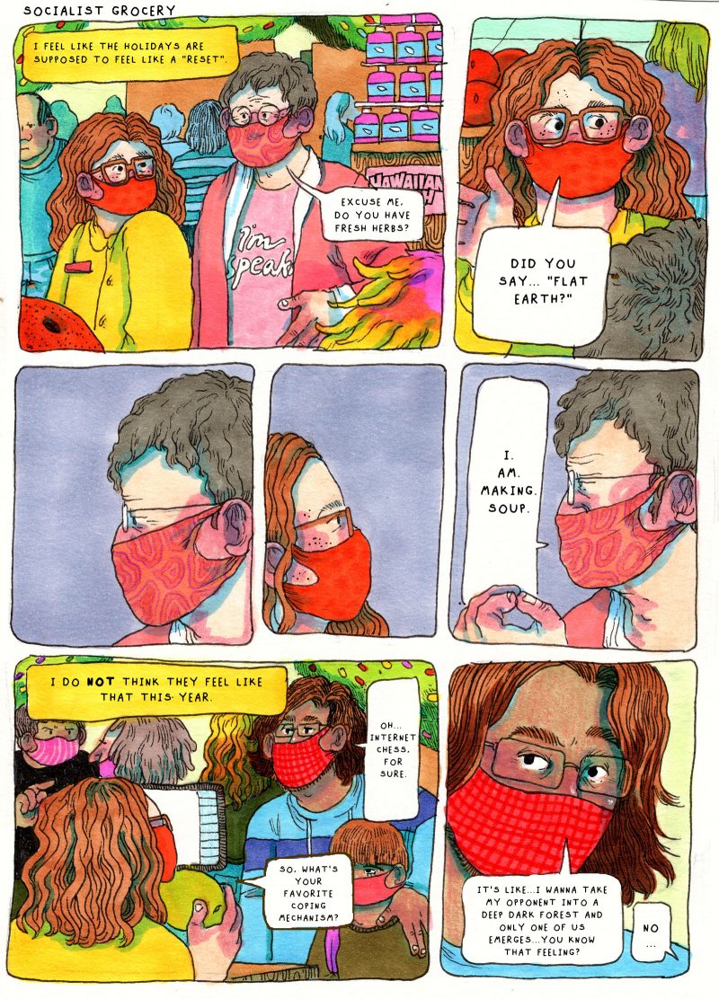 7 panel comic of Socialist Grocery by Oli Knowles