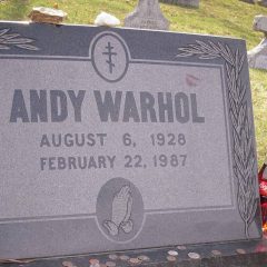 Andy Warhol's tombstone in Bethel Park, PA, with orderings of coke and Campbell's soup.