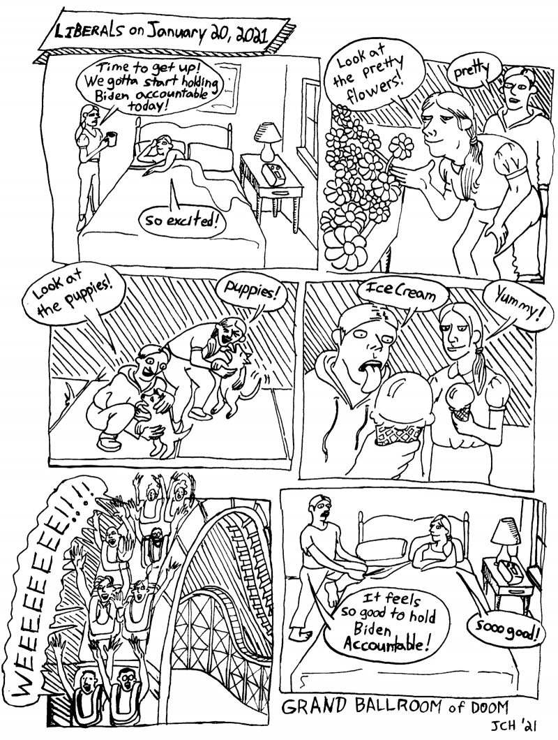 Six panel black and white comic from the series Grand Ballroom of Doom