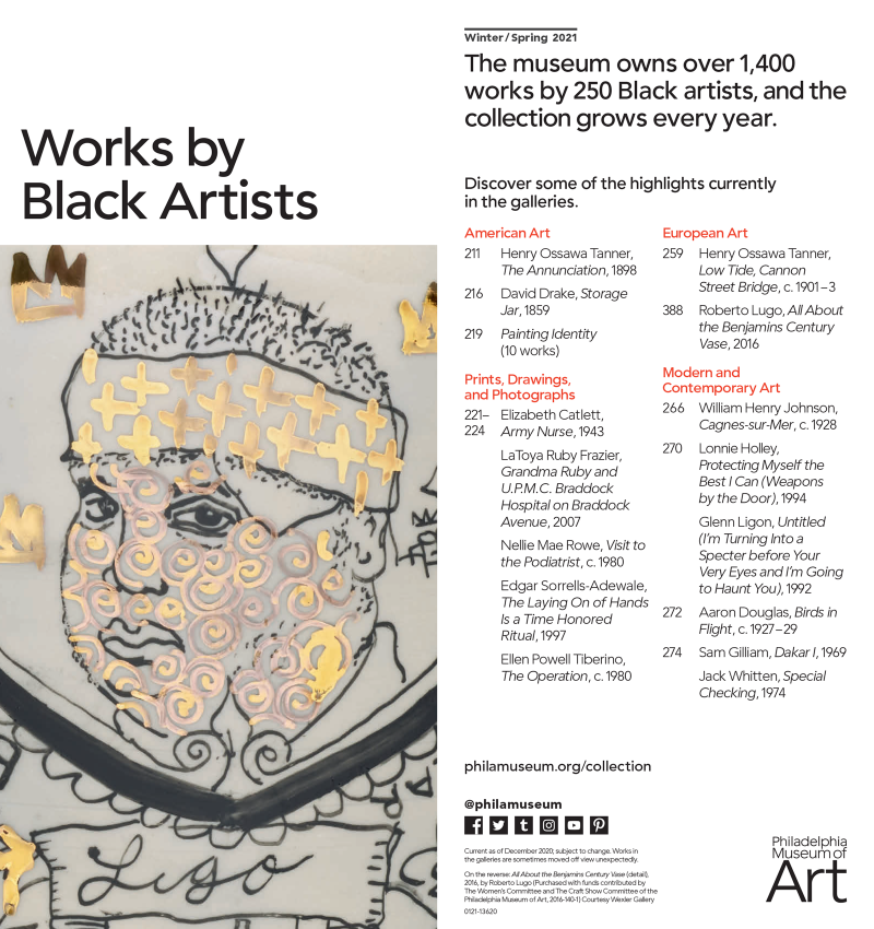 Two page spread including the title "Works by Black Artists" and an image of Roberto Lugo's artwork on the left; a catalog of works by black artists at the PMA during Winter & Spring of 2021 on the right.