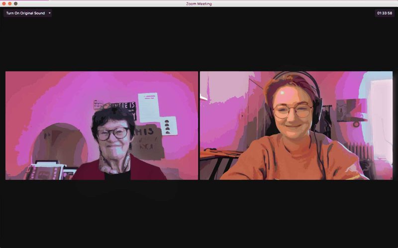 Roberta (left) and Morgan (right) on a Zoom video conference in their homes.