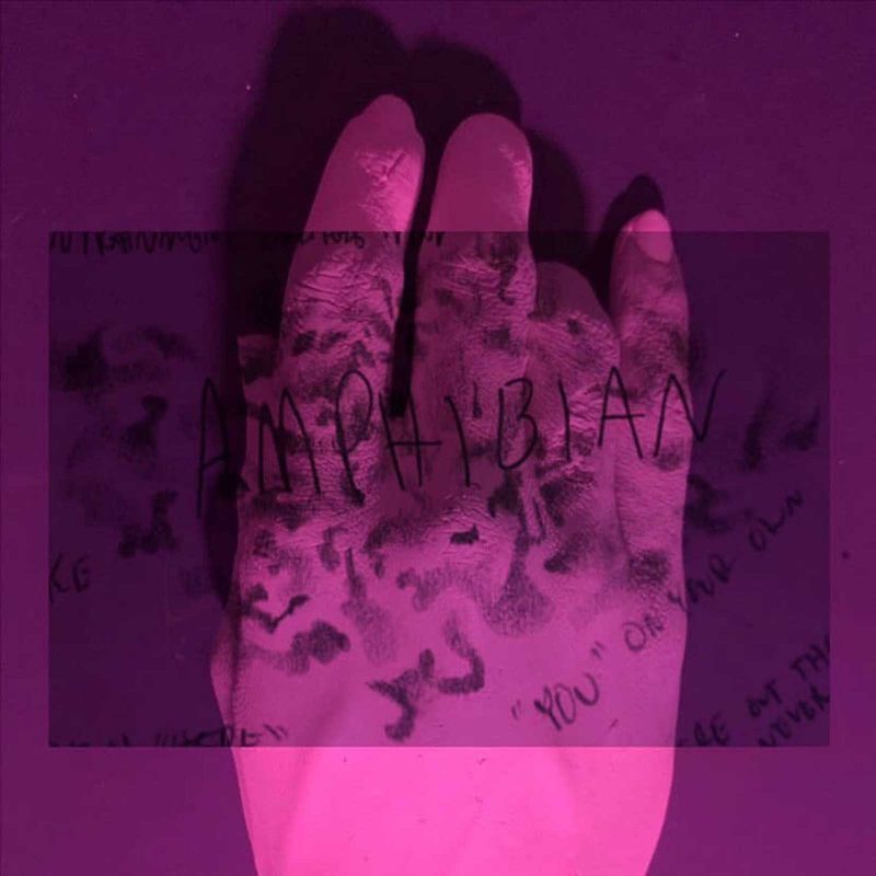 Purple tinted picture of a hand with animal print on it covered by a darker magenta square that says "Amphibian" in handwriting and other words that are cut off by the box.