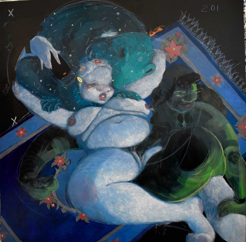 Painting of a blue figure with breasts and round features falling into a background of a carpet in a dark blue abyss