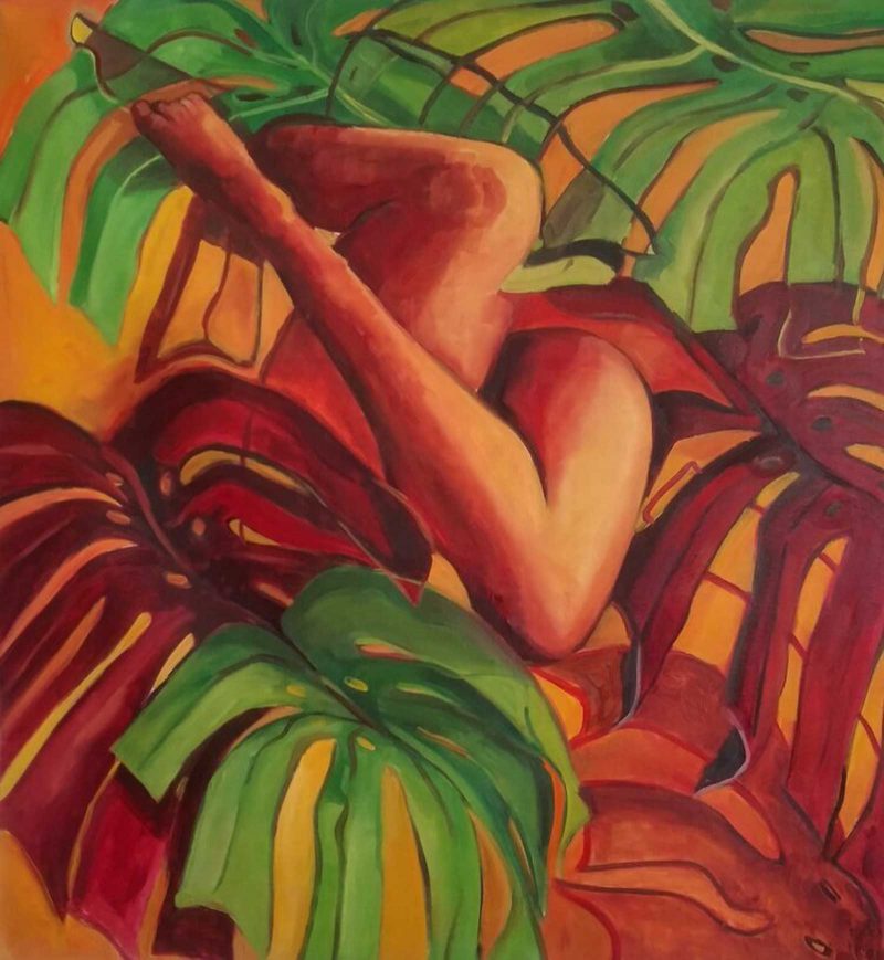 Painting with an orange background, filled with two large green laves at the top of the canvas, and one large green leaf at the bottom center of the canvas, surrounded by two large, reddish brown leaves of the same shape occupying the left and right middle sections of the canvas. In the center, a bent leg faces towards the top of the canvas and is partially obscured by another leg which crosses over it.
