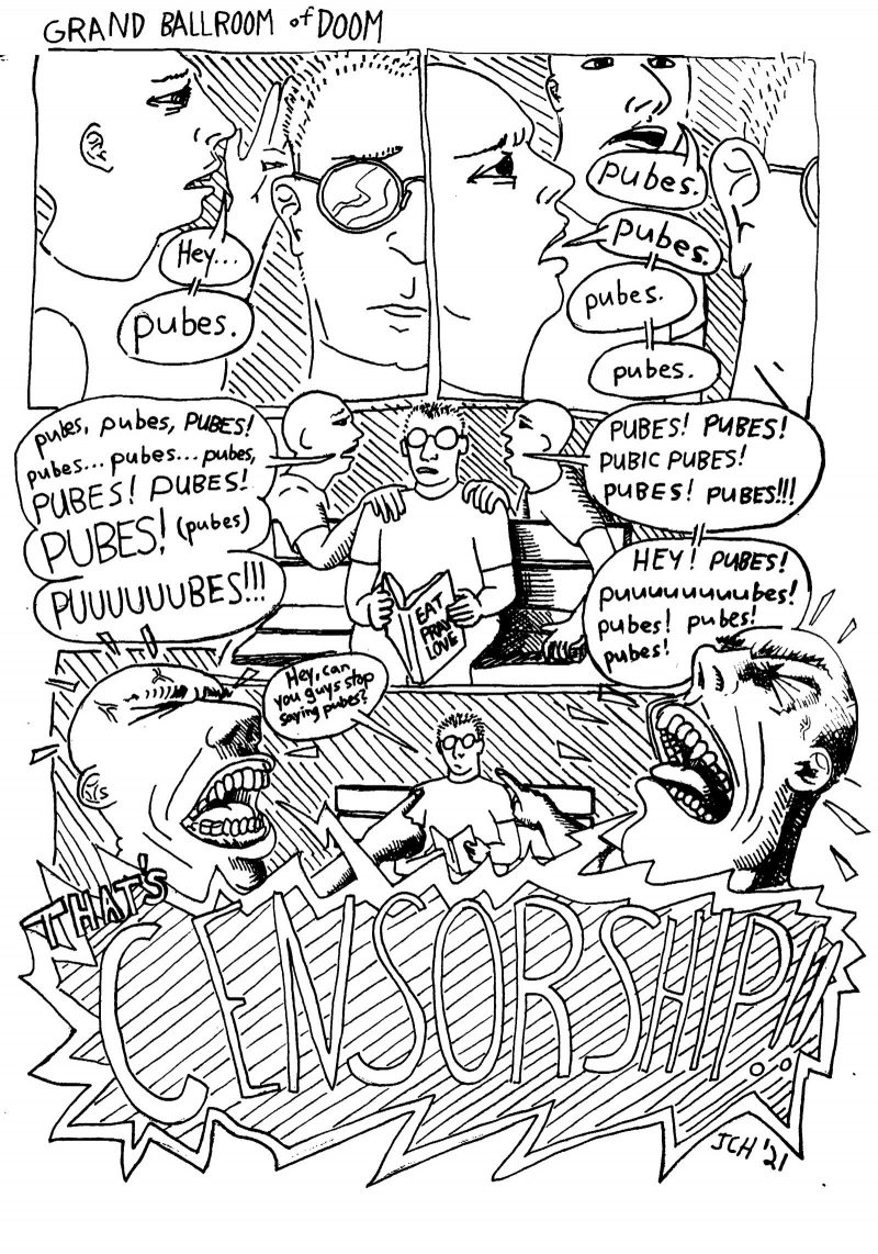 Four panel comic from the Artblog comic series "Grand Ballroom of Doom" by Jacob C. Hammes