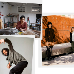 Photo collage of Syd Carpenter in her studio, Vince Johnson dancing, and Rebecca Cordes Chan and Ava Schwemler standing outdoors.
