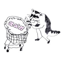 A drawing of a raccoon pushing a shopping cart that holds a circular object with the initials "asn" on it.