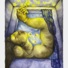 A yellow, bulbous figure in a purplish (presumably dark) room. The figure is halfway inside the room, halfway outside the room, climbing out of a window into the night. Their head is rolled back and their right arm is near the top of the window frame. They are stroking a star (patterned on the ceiling) with their pointer finger. Their shoulders narrowly clear the width of the window. There are blue curtains on the righthand side of the window.