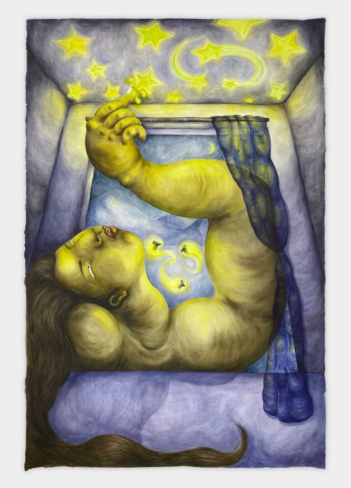 A yellow, bulbous figure in a purplish (presumably dark) room. The figure is halfway inside the room, halfway outside the room, climbing out of a window into the night. Their head is rolled back and their right arm is near the top of the window frame. They are stroking a star (patterned on the ceiling) with their pointer finger. Their shoulders narrowly clear the width of the window. There are blue curtains on the righthand side of the window.